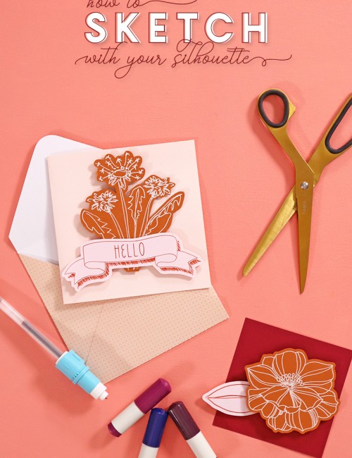 Blush pink note card with burnt orange floral design element on the front of the card in front of a light pink polka dotted envelope. The notecard is surrounded by a pair of gold scissors, Silhouette sketch pens, a gel pen in a Silhouette pen adapter, and a piece of dark red paper with a burnt orange floral design on it. All of these items are arranged on a coral background. Text at the top of the image reads, "How to Sketch with your Silhouette."