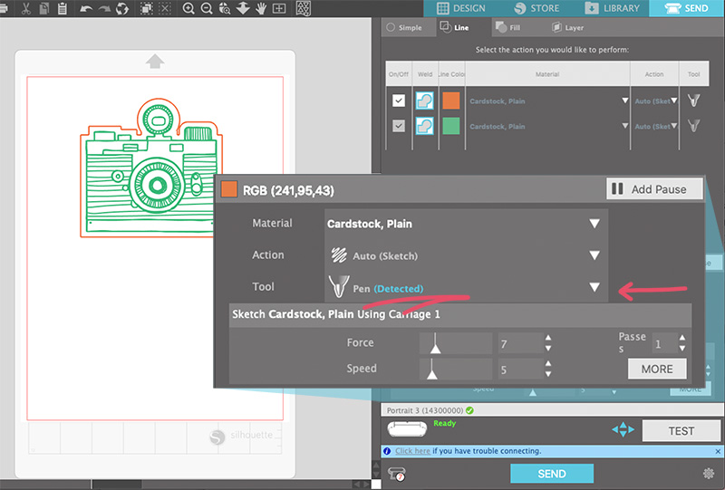 screenshot of the silhouette studio software showing the sketch pen being detected by the portrait 3 machine