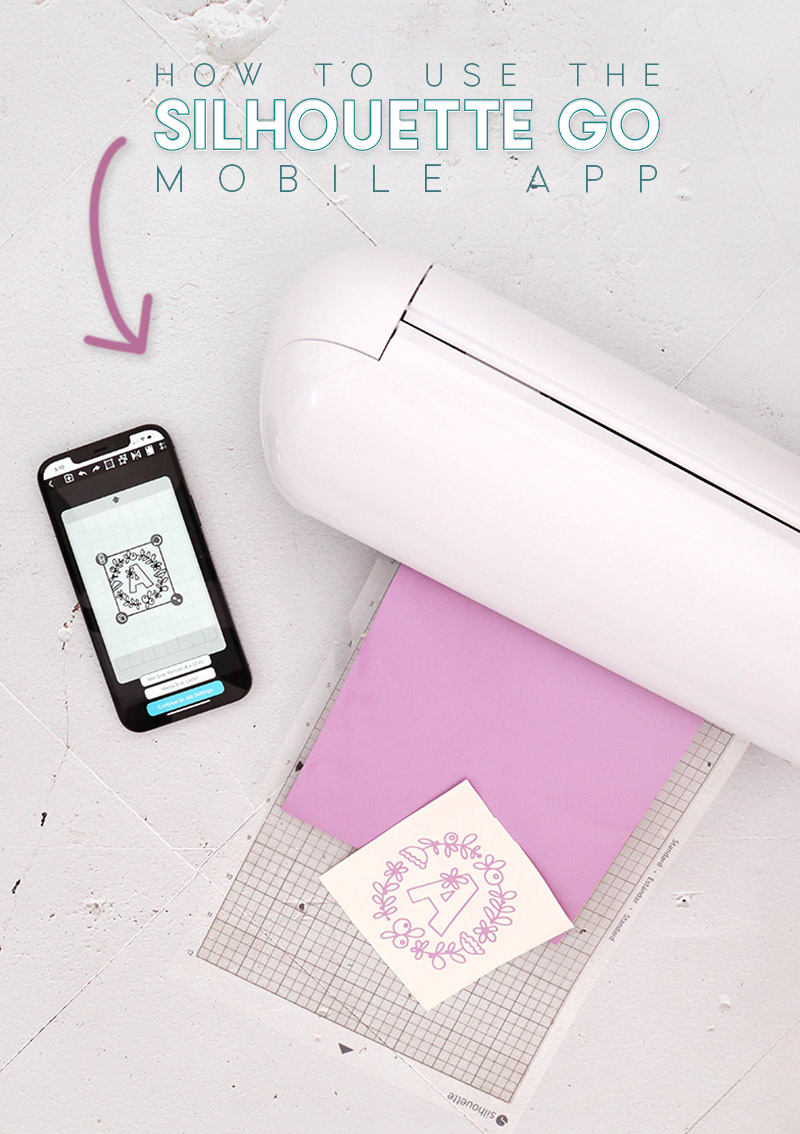 A Silhouette Portrait 3 machine sits on a table with light purple vinyl loaded into the machine. Next to the machine on the table sits an iphone displaying the Silhouette Go mobile app.