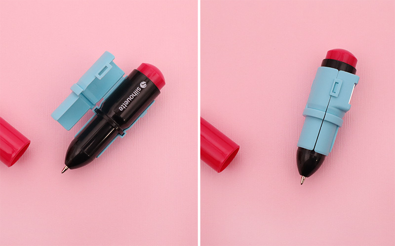 Pink Silhouette Sketch Pen being fitted into a Cameo 4 adapter on a pink background.