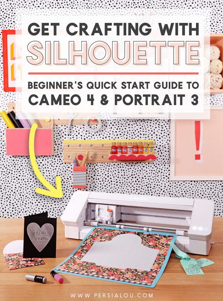 Silhouette Cameo 4 on a table with card and envelope. Text above the machine reads How to Use Your Silhouette: Beginner's Quick Start Guide to Cameo 4 and Portrait 3