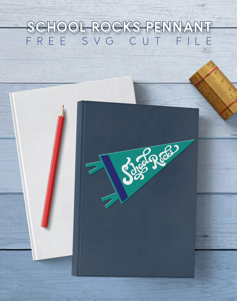 two books stacked on a light blue wood background the top book has a pennant shaped decal on the front that reads "school rocks"