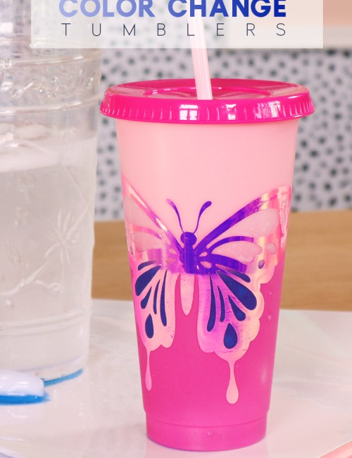 pink plastic drink tumbler with butterfly design and white to blue color changing adhesive vinyl