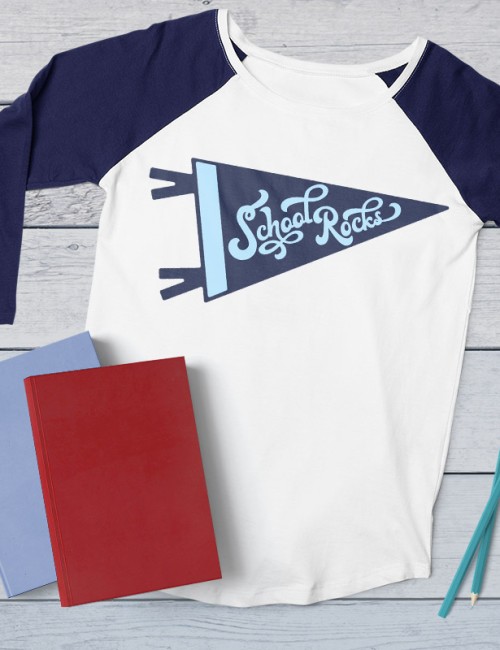 raglan t-shirt with school rocks pennant design on the front