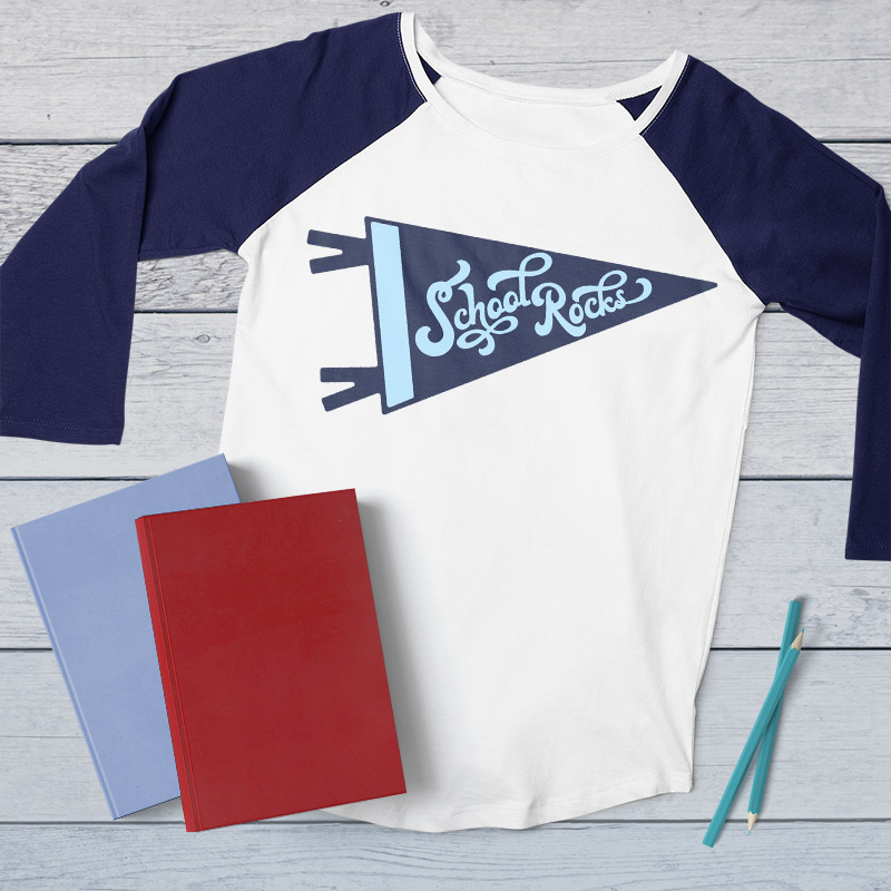 raglan t-shirt with school rocks pennant design on the front