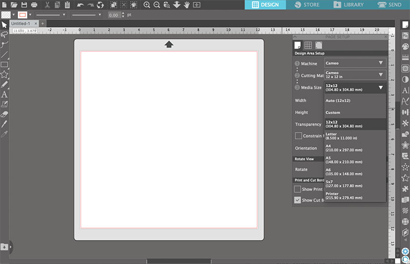 Page Setup menu in Silhouette Studio software.