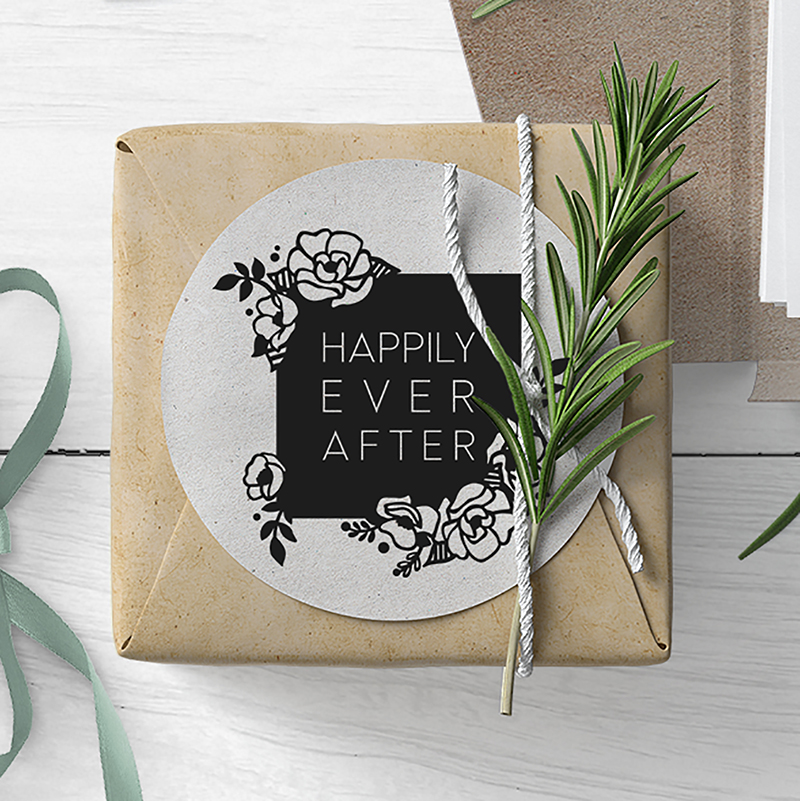 kraft paper wrapped wedding favor with happily ever after sticker on top
