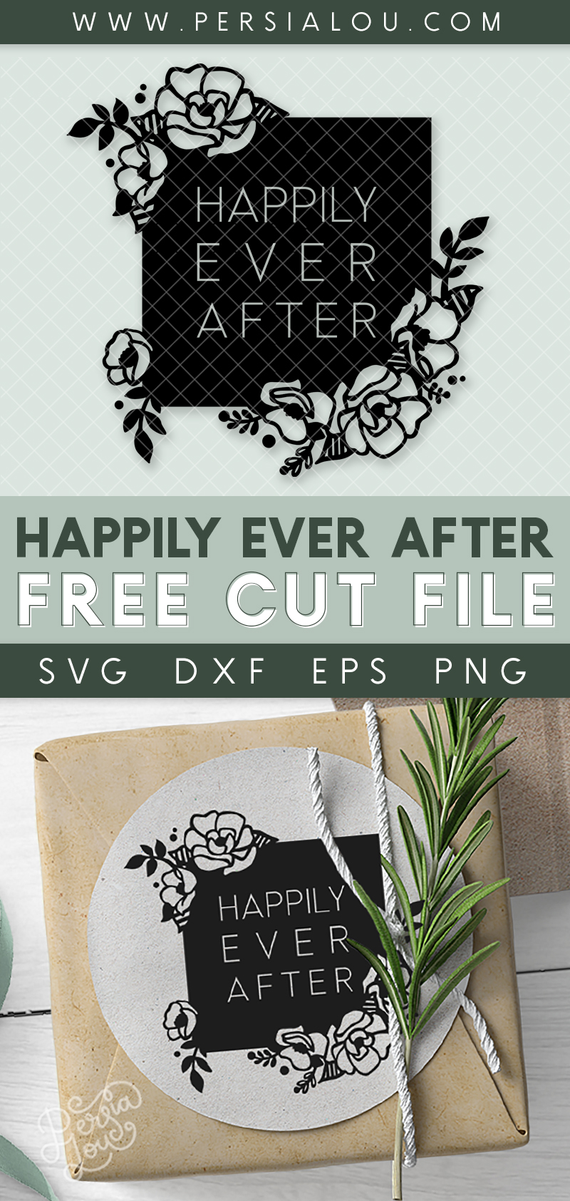 collage of happily ever after svg design with sample wedding favor project, a gift box wrapped in brown kraft paper with Happily Ever After sticker on top