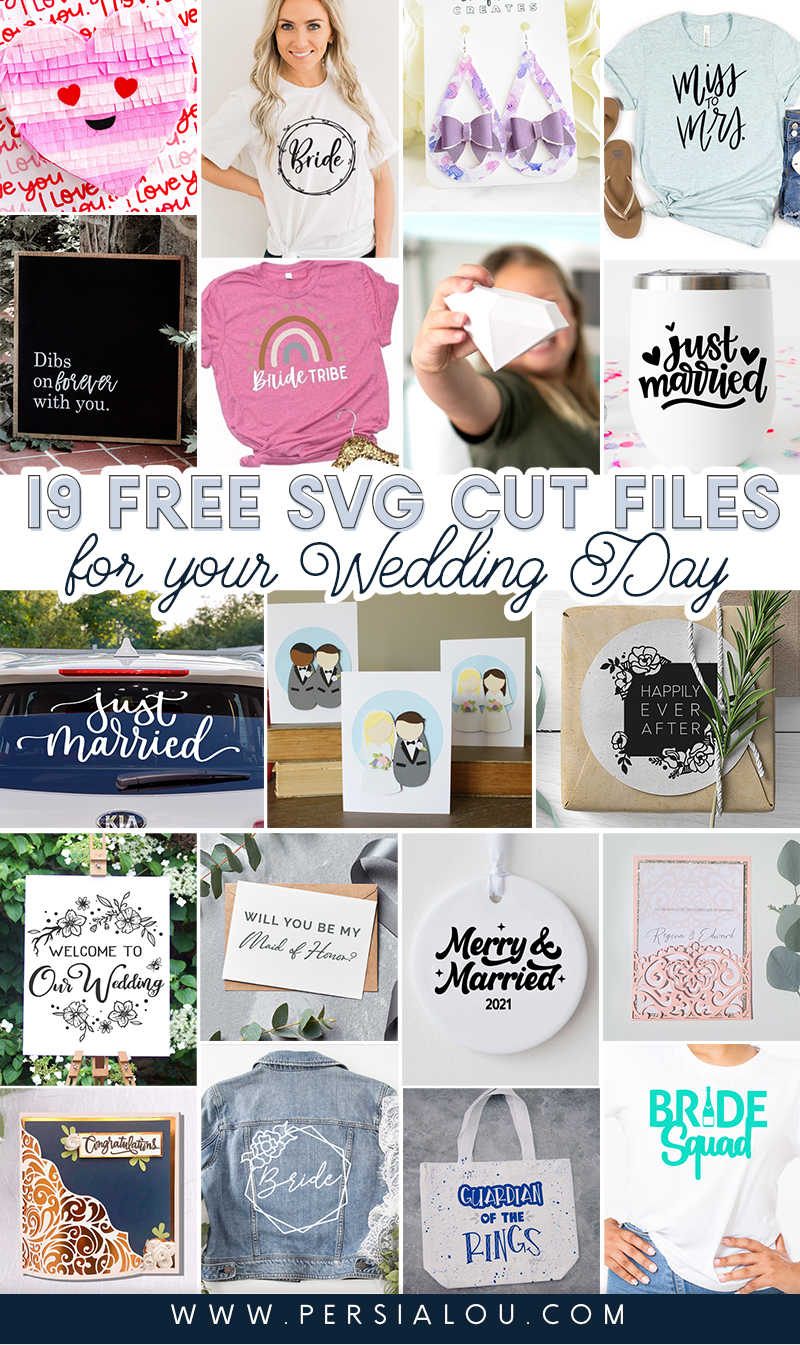 collage of 19 wedding themed svg cut file craft projects