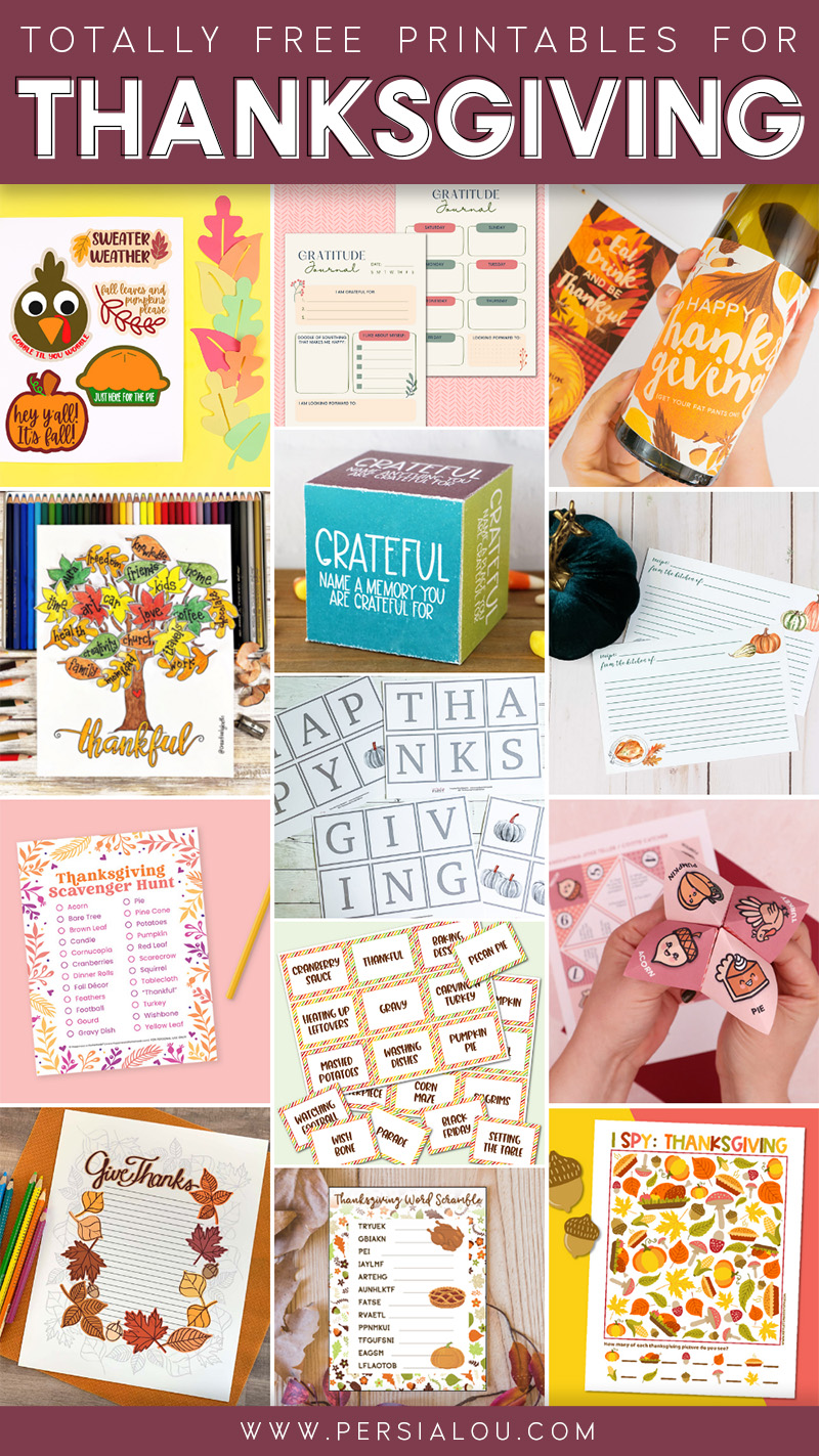 collage of thanksgiving printables including stickers, activities, games, and wall art
