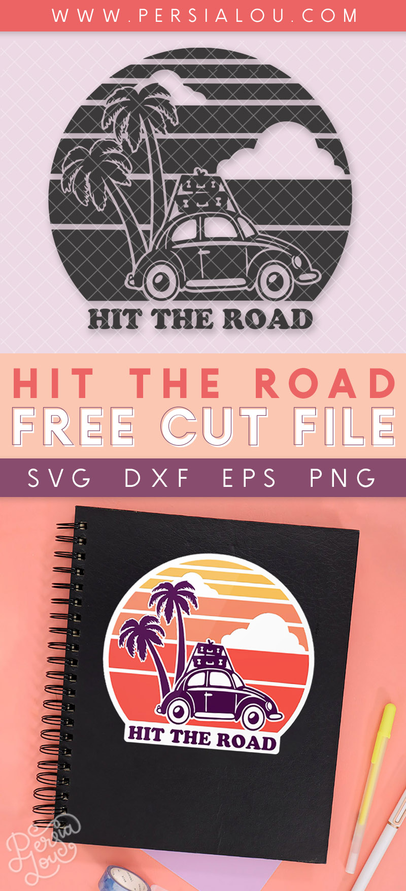 collage of retro sunset free road trip svg and notebook with retro road trip decal