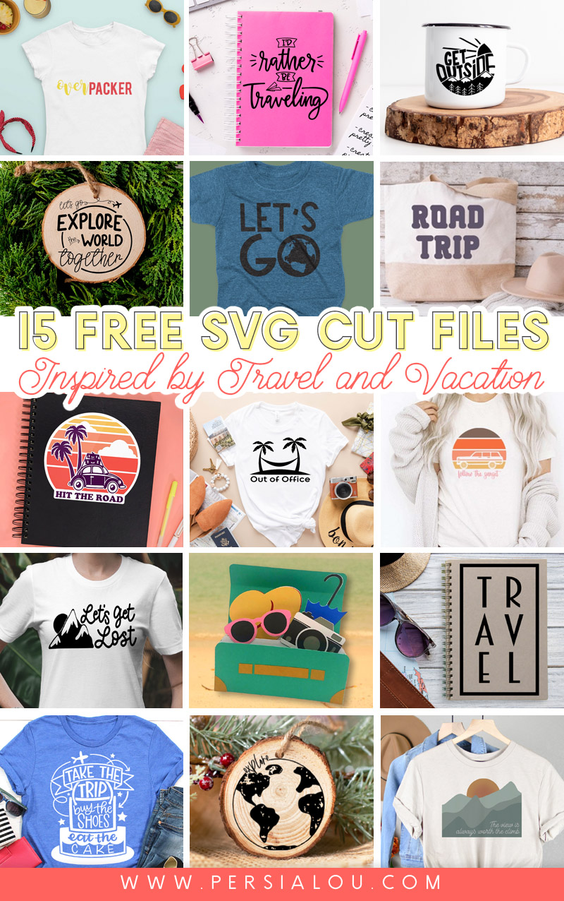 collage of free travel themed svg cut file projects