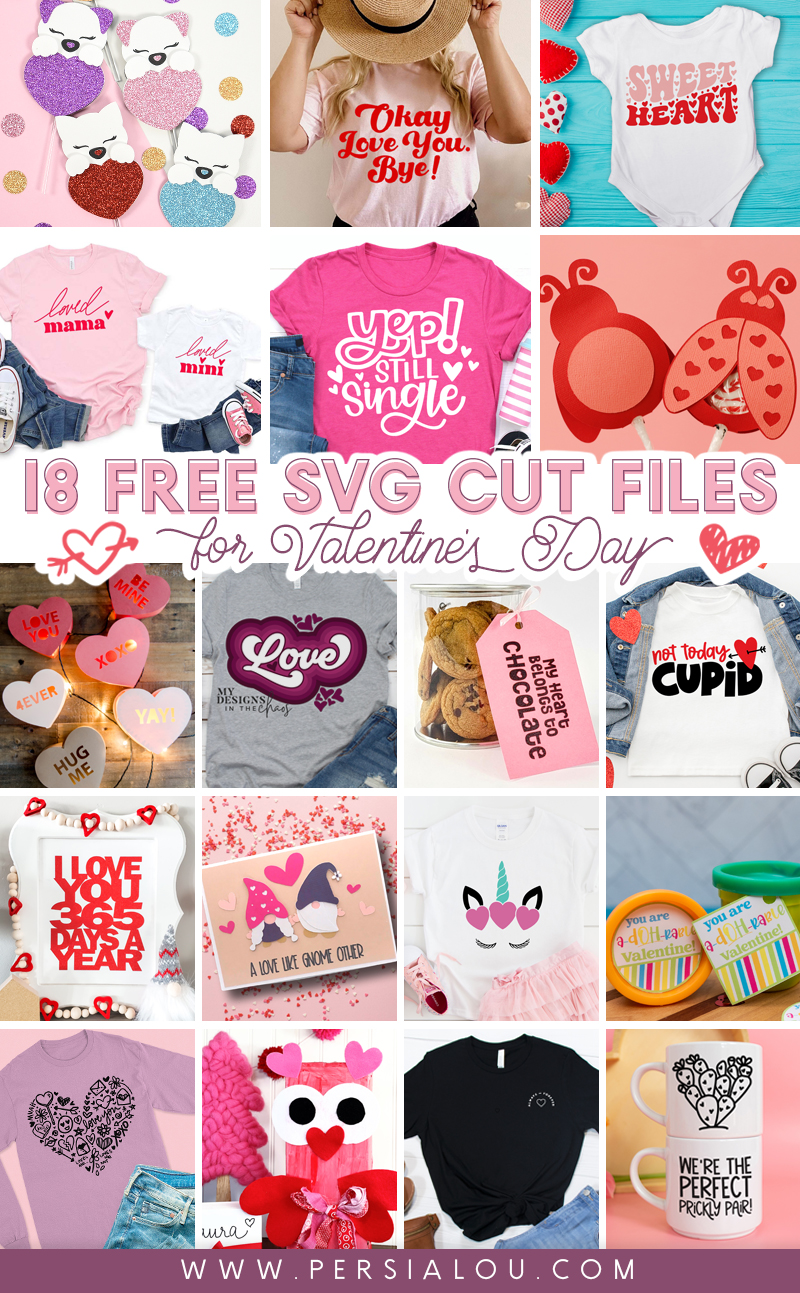 Collage of eighteen images of projects made with Valentine's Day cut files