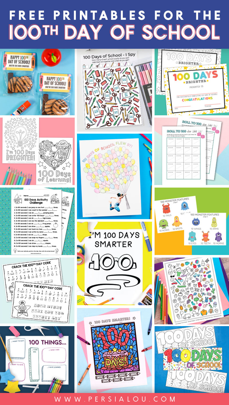 Collage of fourteen images printables for the 100th day of school.