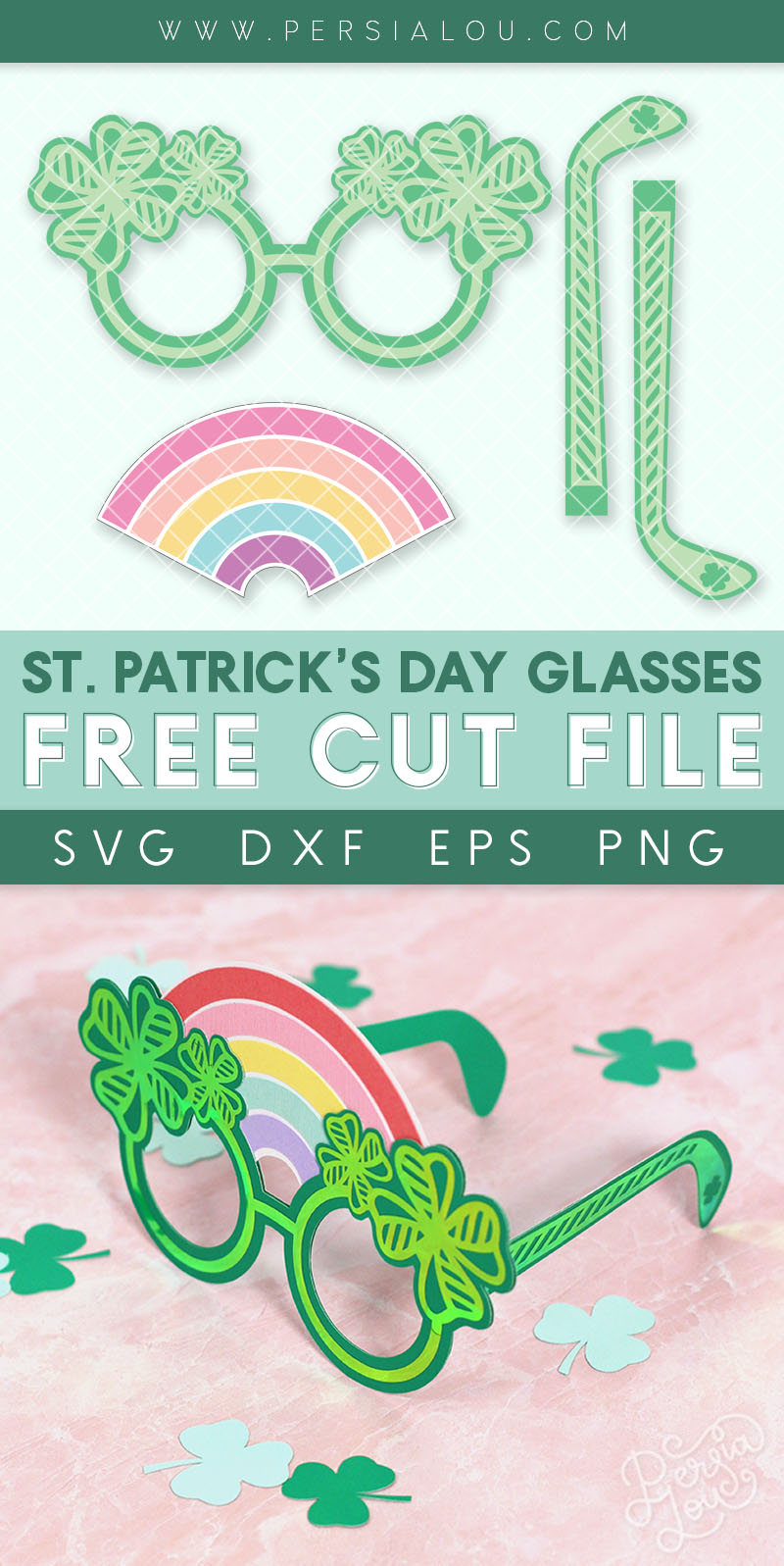 Image of St. Patrick's Day glasses SVG cut file with text that reads "St. Patrick's Day Glasses Free Cut File SVG DXF EPS PNG"