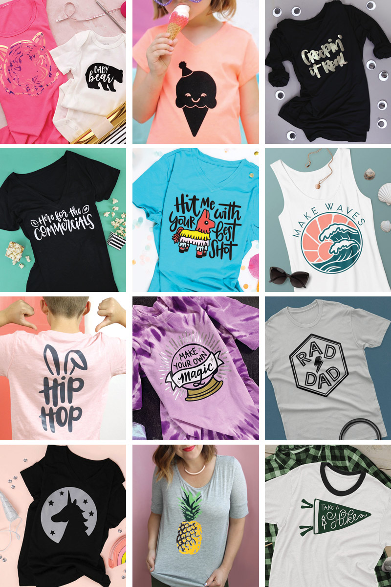 collage of twelve diy t shirts made with the silhouette cameo 4