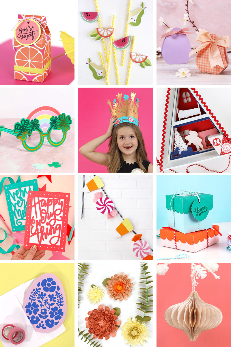 collage of twelve paper craft projects made with the silhouette cameo 4