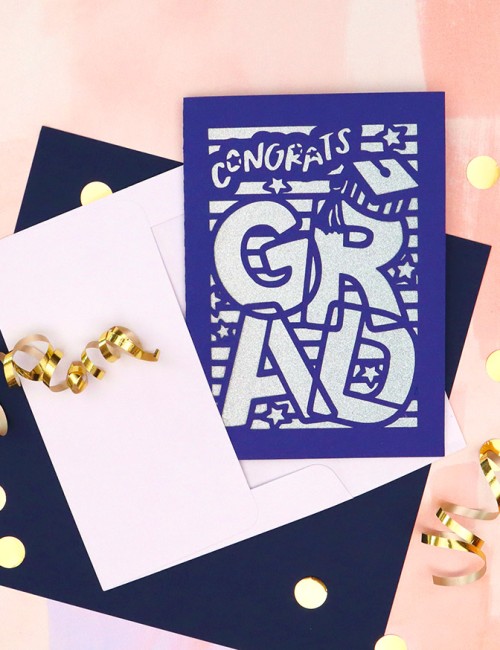 blue and silver congrats grad paper cut card made with cricut