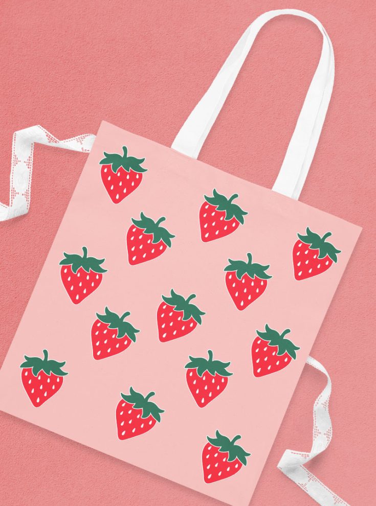 pink tote bag with strawberry svg iron on designs