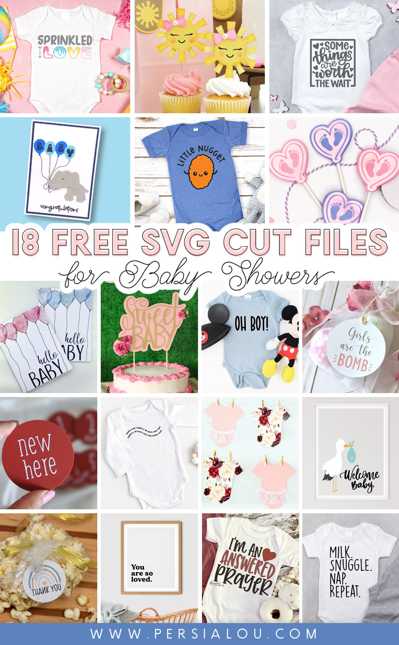 collage of projects made with free baby shower svg cut files