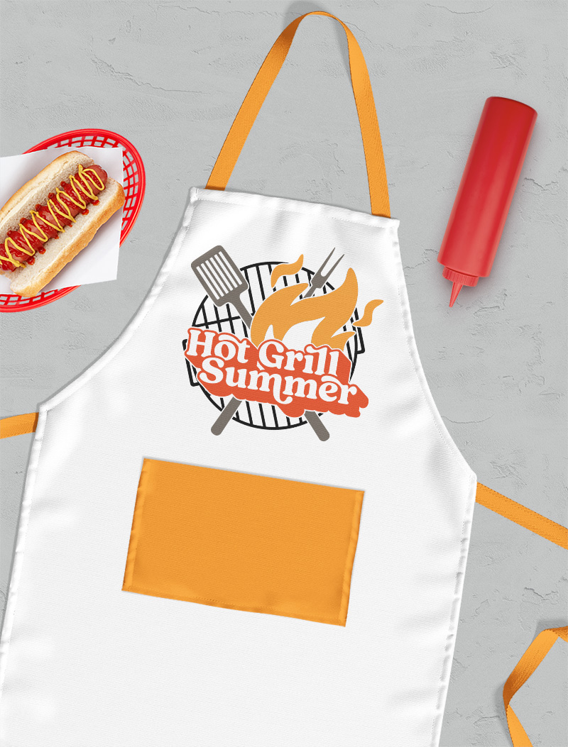 white apron with hot grill summer svg design on the front