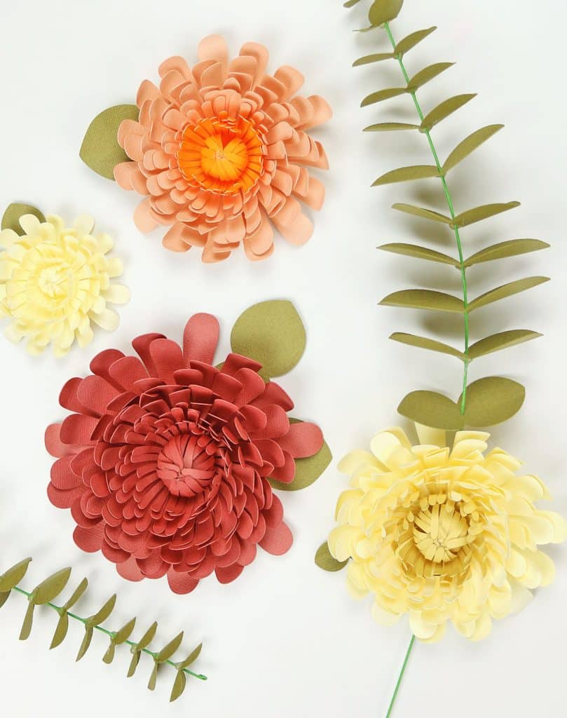 paper eucalyptus with paper chrysanthemums