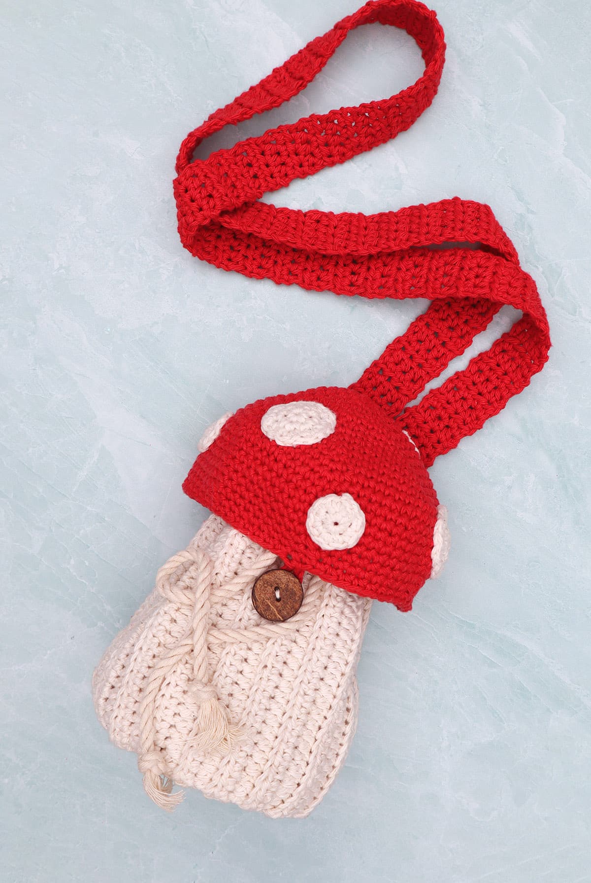 finished crochet mushroom bag