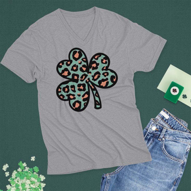 gray t-shirt with cheetah print shamrock design