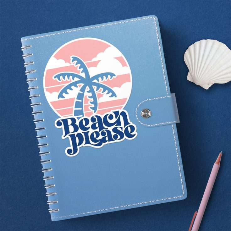 diy beach please sticker on blue notebook