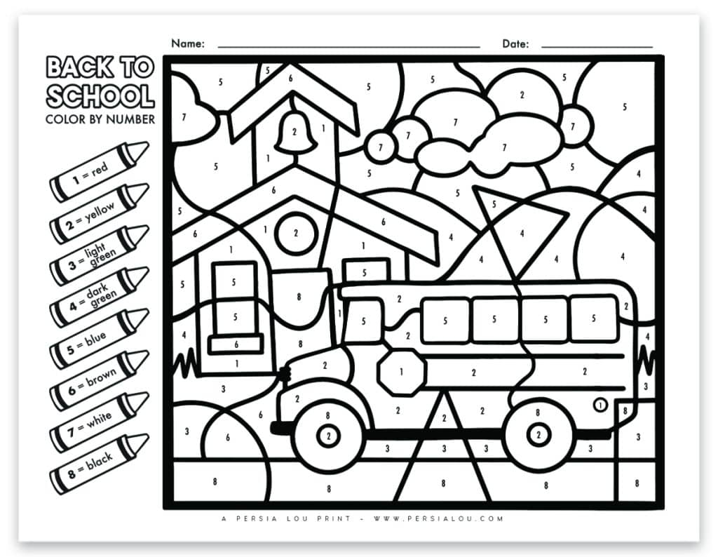 free back to school color by number printable coloring sheet