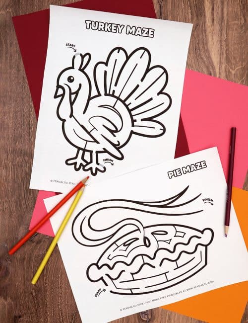 printable turkey maze and pie maze for thanksgiving