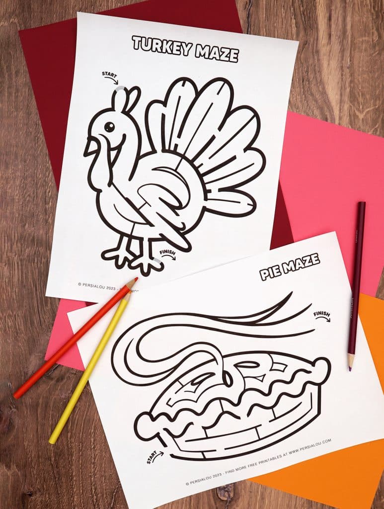 printable turkey maze and pie maze for thanksgiving